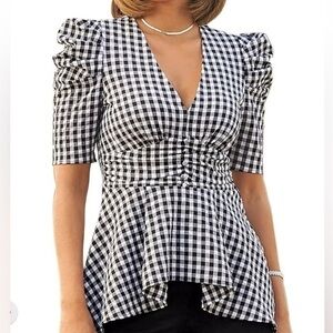 NWOT Boston Proper gingham checked puff sleeve high low top blouse 8